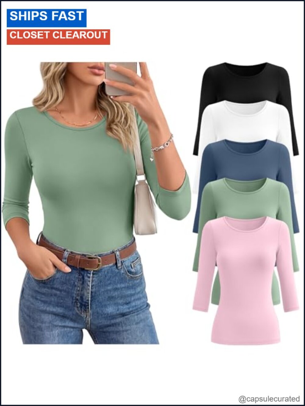 5 Pack Women's 3/4 Sleeve Round Neck Slim Fit Cotton Blend Tops